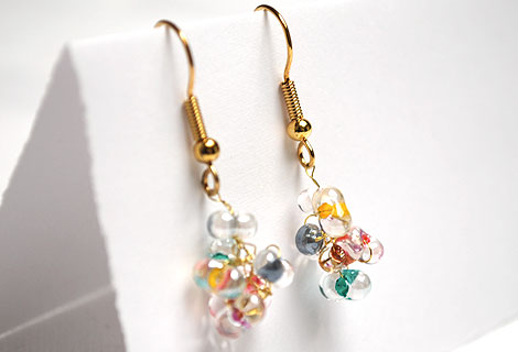 Angel drop earrings - Pretty cluster of clear beads, with multi-coloured centres, woven together with thin gold wire. Matching necklace and bracelet available.