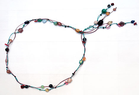 Mari Jo green/pink/blue long knotted lariat - Striking mixed bead lariat necklace designed to be worn to the navel. Strung and knotted onto double thread. Fixed front fastening.